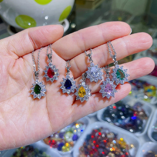 Fashion Pendant Inlaid Crystal Color Zircon Water Drops Classic Accessories Light Luxury Vintage Collar Necklace Pendant Blue Pendant