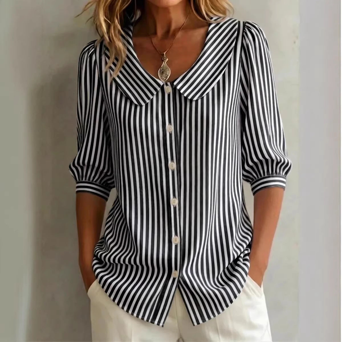 New Arrival Womens Loose-Fit V-Neck Striped Blouse For Commuting