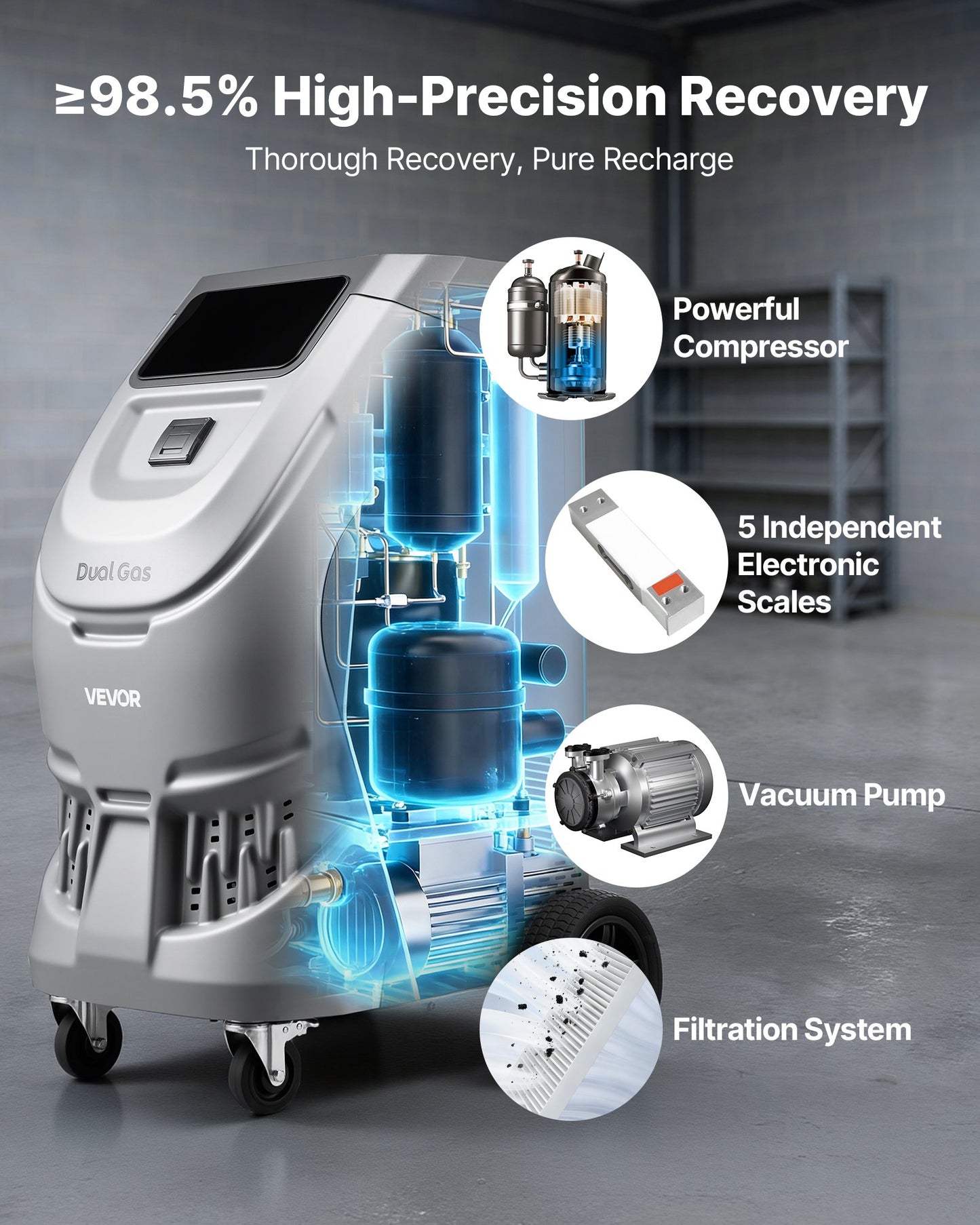 Fully Automatic Refrigerant Recovery Machine For R134a & 1234fy, ≥98.5% Accuracy, 10-Inch Touch Screen, AC Recovery, Vacuum, And Recharging For Standard And High Voltage Automotive A/C Systems