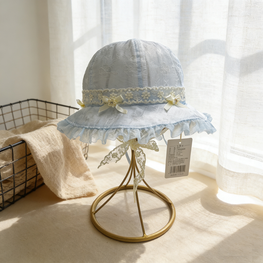 Children's Solid-color Lace-edged Bow-tie Flower-decorated Netting Hat With Light And Delicate, Sweet And Cute Appearance, Suitable For Outdoor Travel.