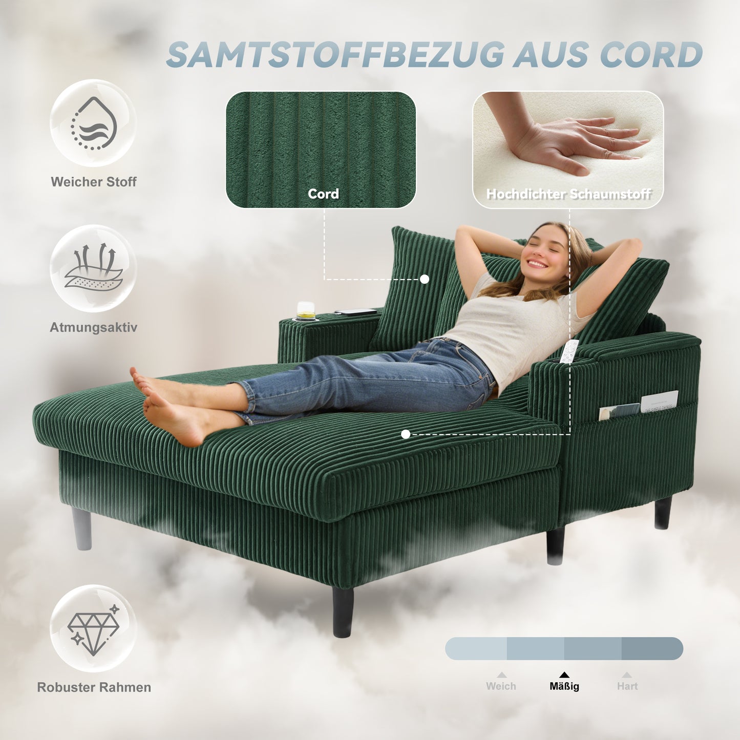 Multifunctional Corduroy Lounge With Chaise Longue With Large Lying Surface, Cup Holders On Both Sides, LED Lighting, Side Pocket, Storage Space, USB Charging Port, Sturdy Plastic Feet  Versatile.