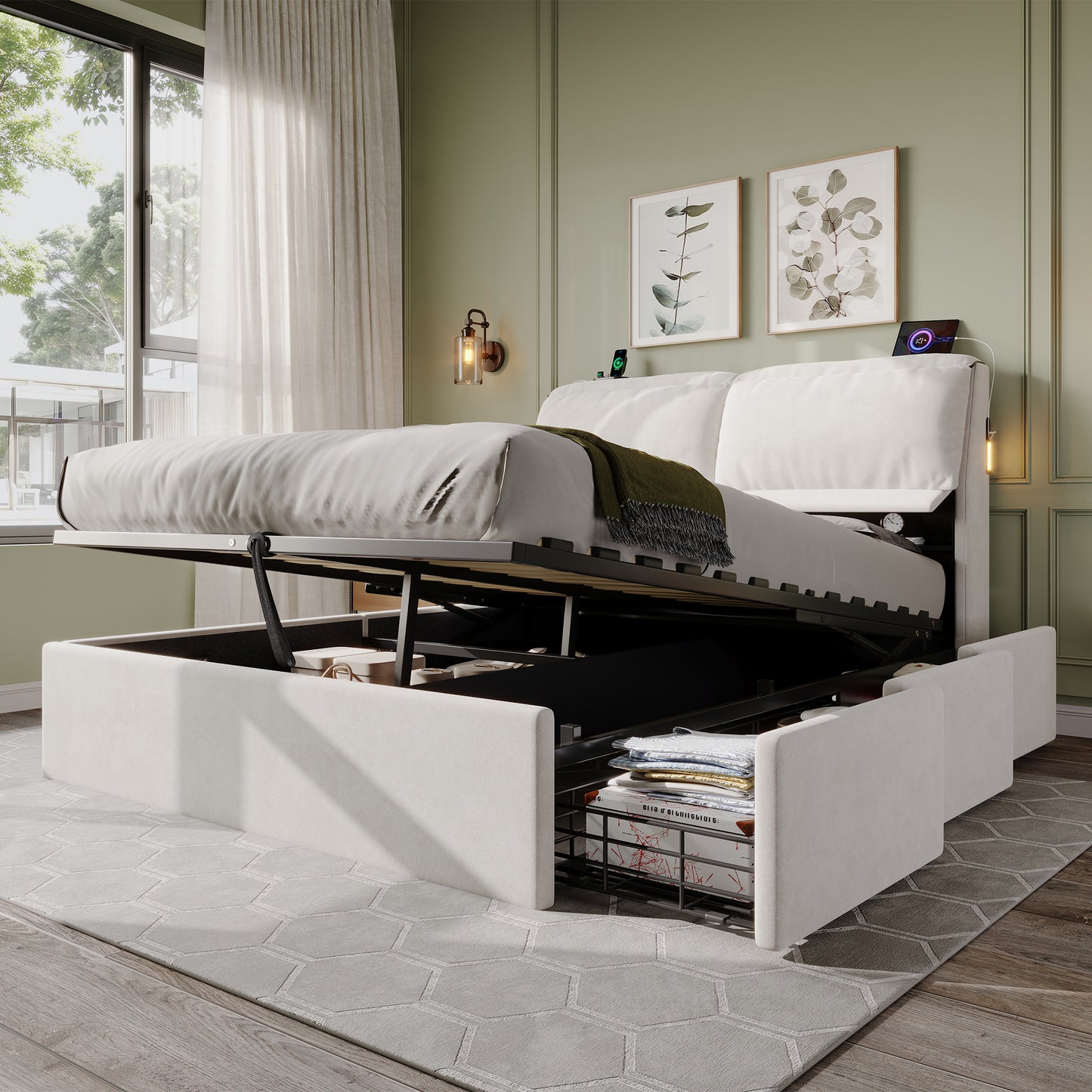 5ft King Bed With Hydraulic Storage, Velvet Upholstered Bed With Headboard Flip-top Storage And Drawers, Back Cushion Headboard With Charging Station And LED Night Light, Cream White  No Mattress