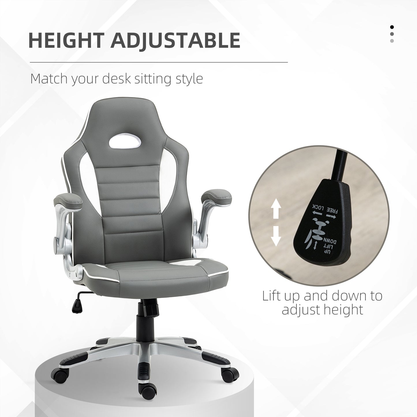 Vinsetto Computer Gaming Chair, Office Desk Swivel Chair, PU Leather Racing Chair With 90° Flip-up Armrest, Adjustable Height And Rolling Wheels, Grey