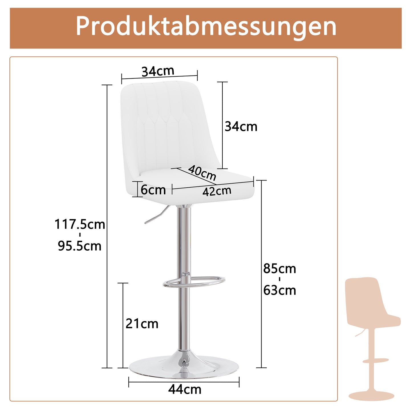 Height-adjustable Bar Stool In Set Of 2, 360 Swivel, Backrest With White PU Leather And Quilted Pattern, Legs Made Of Silver Metal. Suitable For Kitchen Islands And Bar Counters.