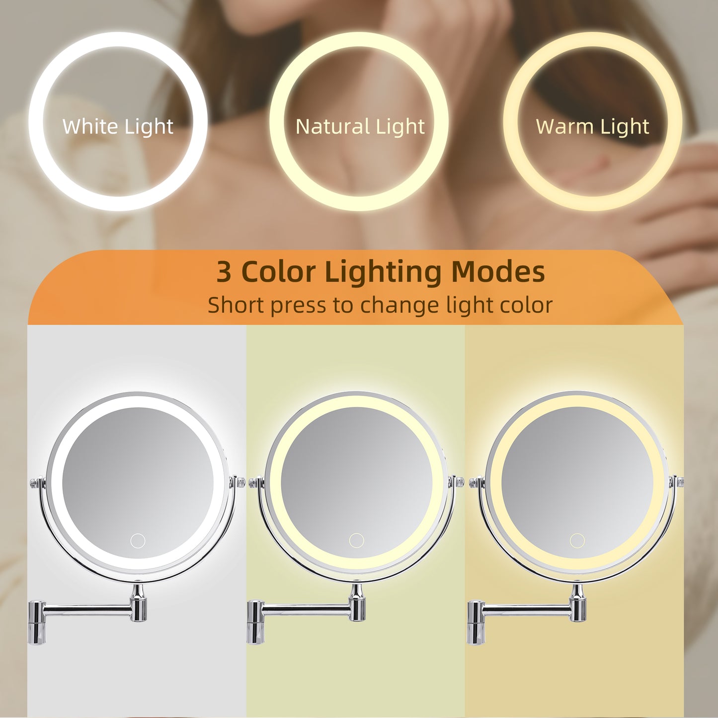 Rechargeable Wall Mounted Makeup Mirror 8 Magnifying Mirror With Lights Double Sided 1X10 360 Rotation Extension Bathroom Shaving Mirror With Foldable Arm