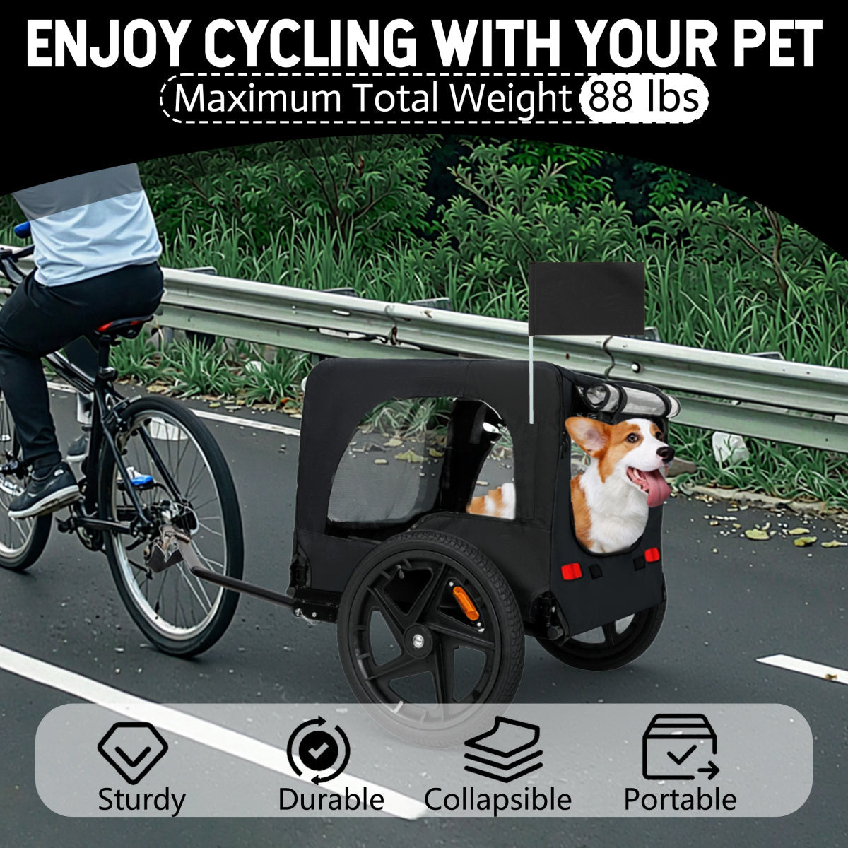 Outdoor Heavy Duty Collapsible Pet Bike Trailer With 16-Inch All-Terrain Wheels & Universal Hitch - Foldable Dog Cargo Carrier Cart For Bicycles, Black