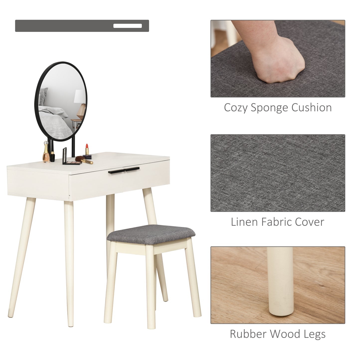 Dressing Table With Mirror And Stool, Vanity Makeup Desk Set With 2 Drawers, Cushioned Stool And Make-up Organiser For Bedroom And Dressing Room, 80 X 40 X 123 Cm, White