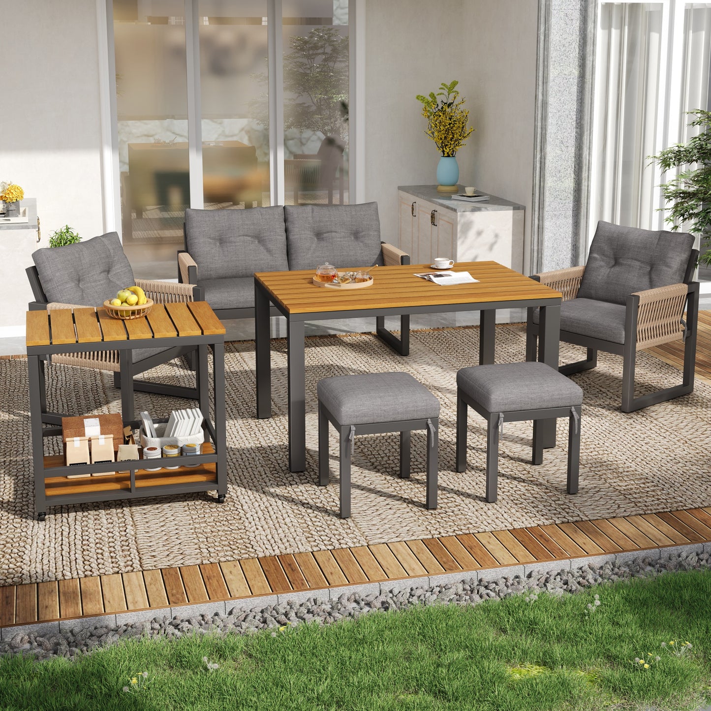 Modern Outdoor Sofa Set , Multi-Person Leisure And Meeting Set , Iron Frame , Braided Armrests , Seat Cushion Included , Multifunctional Table