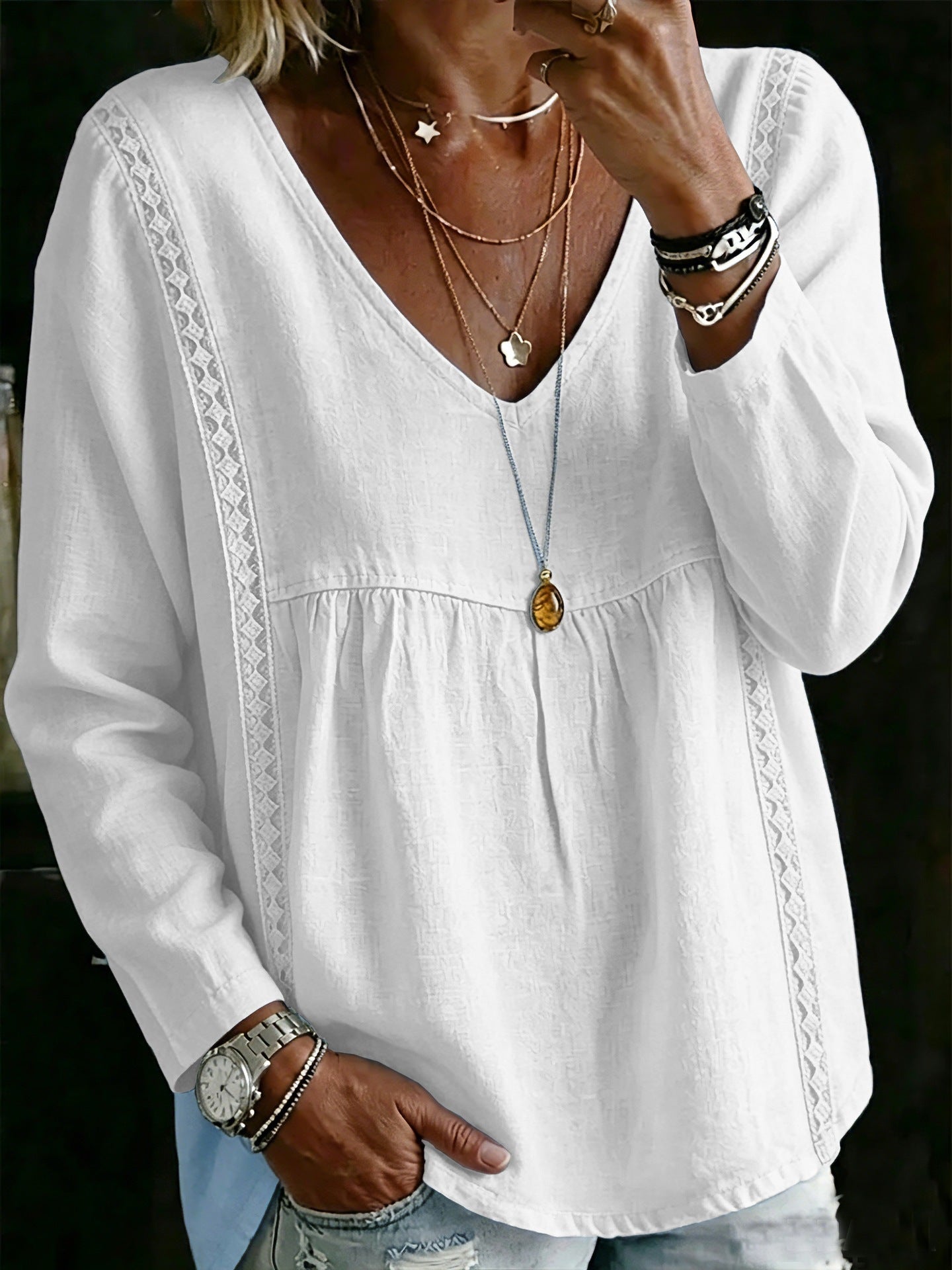 New Womens Lace-trimmed V-neck Pullover In Solid Color With Long Sleeves