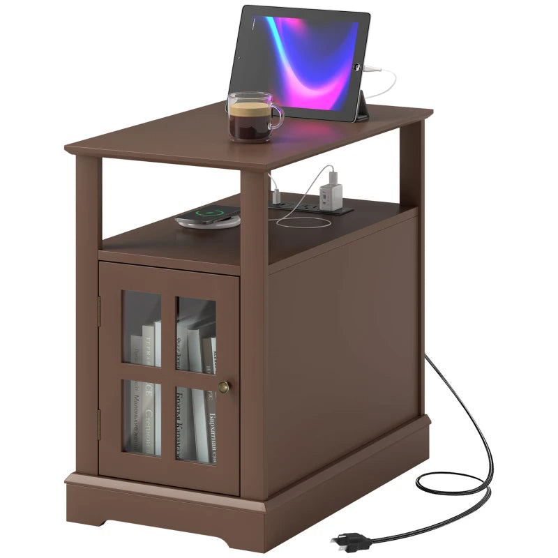 Narrow Side Table End Table With Charging Station, USB Ports, Modern End Table With Storage For Living Room, Brown
