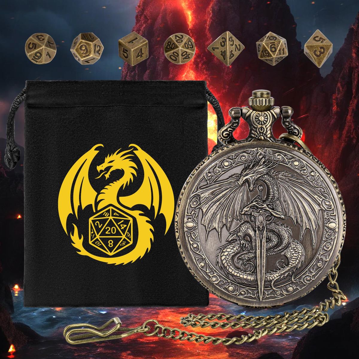 DND Style Mythical Winged Beast Sword Holding Relief Case, Retro Dice Storage Set, Desktop RPG Fantasy Accessories, High Quality Zinc Alloy DND Dice Suitable For Desktop RPG And Board Games
