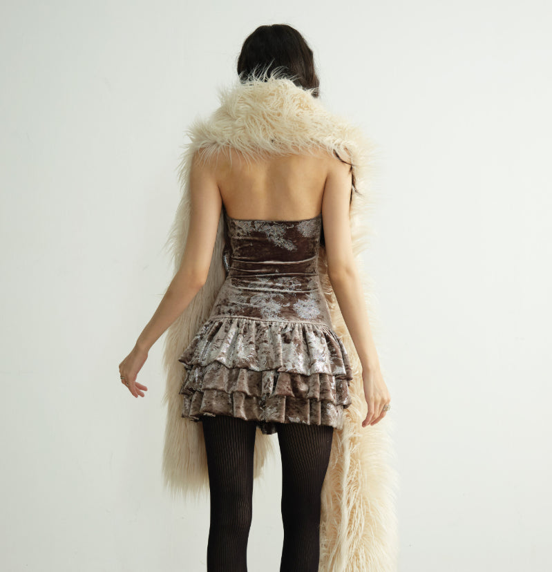 High-fashion Velvet Off-shoulder Lace-trimmed Mini Skirt
