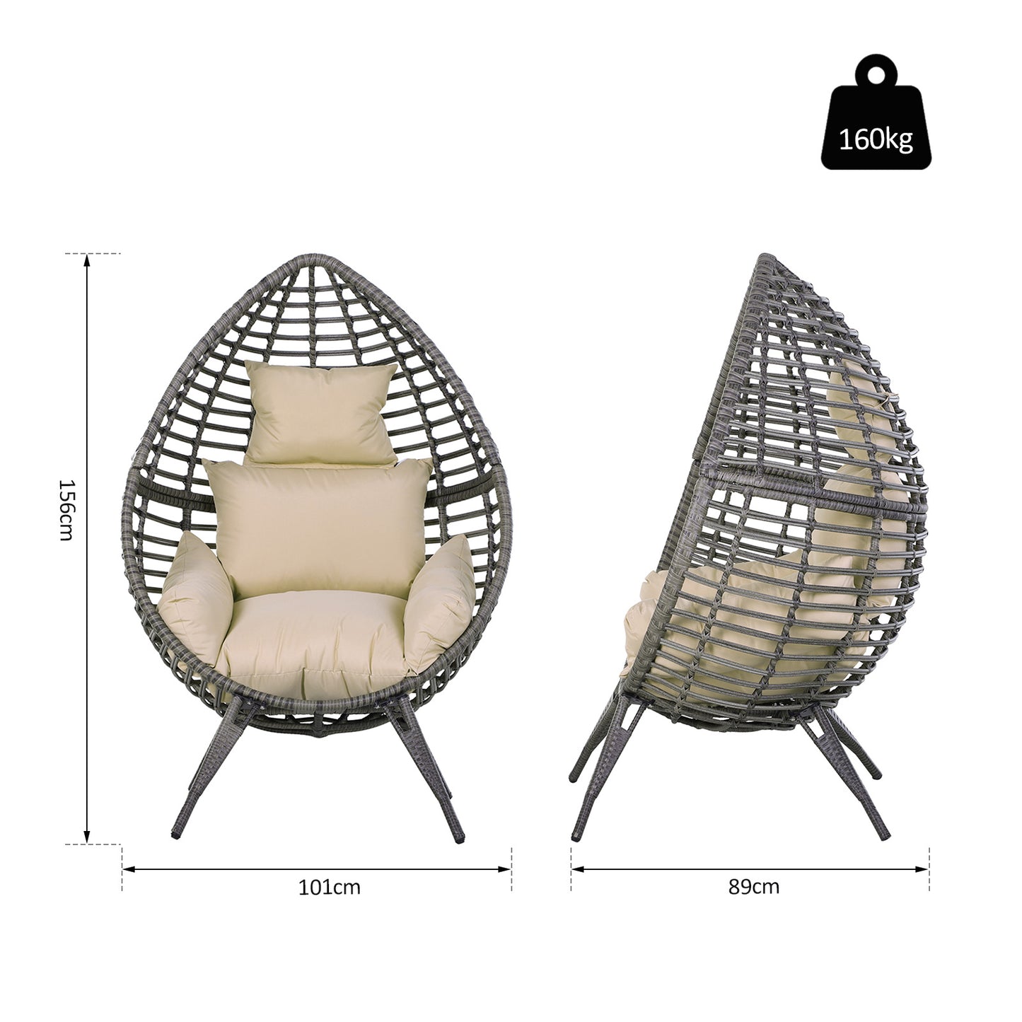 Garden Egg Chair, Teardrop Outdoor PE Rattan Chair With Full-body Soft Padded Cushion, Grey