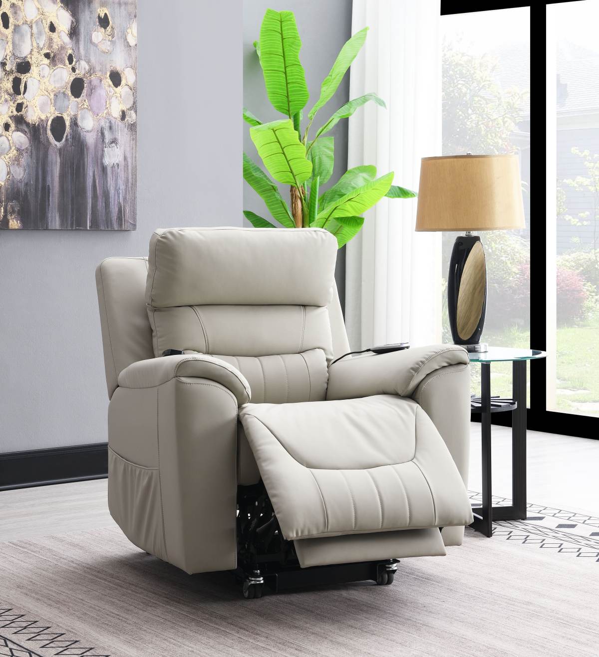 Marsha Light Gray Silicone Synthetic Leather Power Motion Recliner With Lift, Heating & Massage Chair