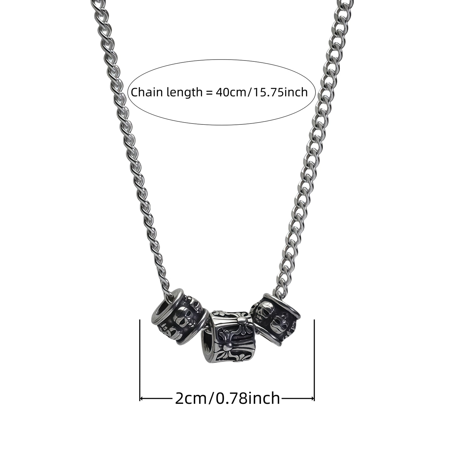 Gothic Vintage Carved Barrel Bead Necklace, Oxidized Silver Plated Biker Punk Pendant Gift For Him