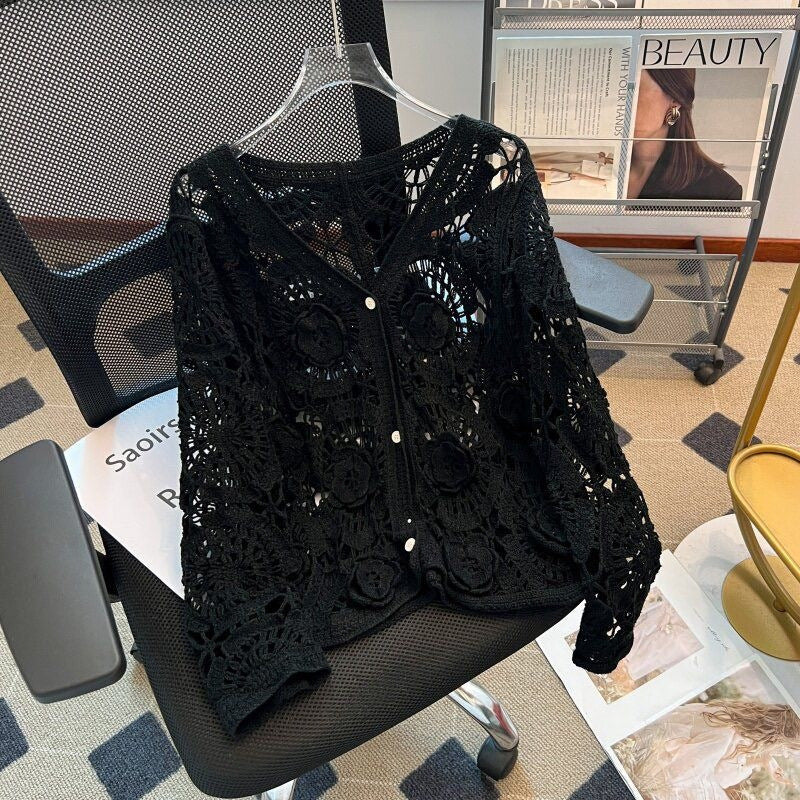 Crochet Hollow-Out Neck Knitted Cardigan Coat Womens New Arrival Top