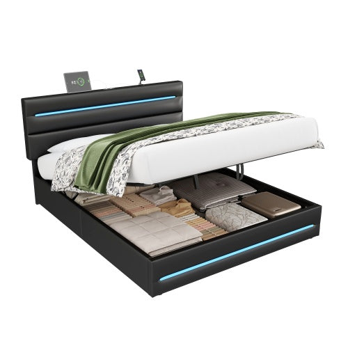 5ft King Upholstered Bed Frame With Hydraulic Storage, PU Ottoman Bed With LED Lighting And Charging Station, LED Adjustable Headboard With USB And Type - C Ports, Black