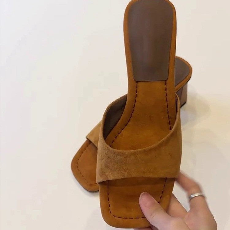 Elevated Version French Open Square Toe High Heel Slides For Women, Simple Slip-On Block Heel All-Match One-Strap Summer Outdoor Sandals