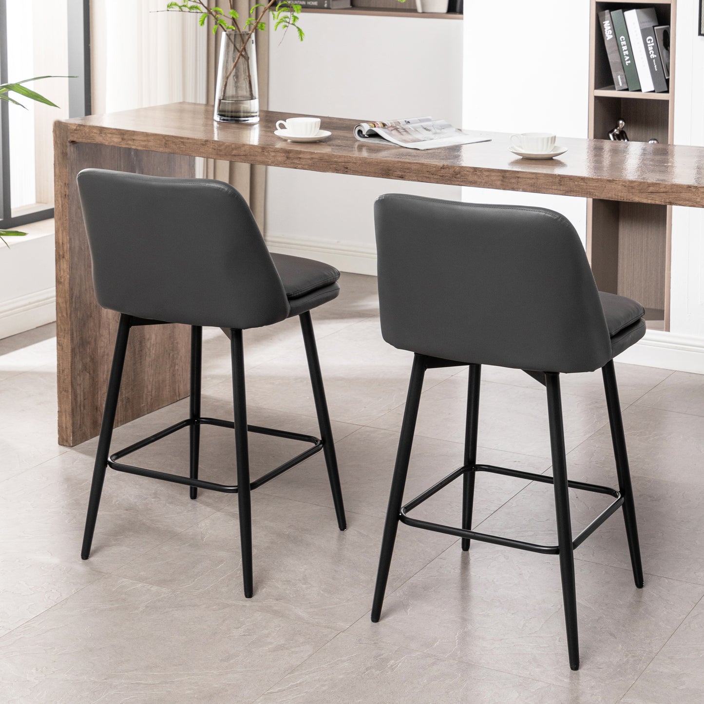 Counter Height Swivel Bar Stools Set Of 2, 360 Swivel Upholstered Barstools With Back And Metal Legs, 25.6 Seat Height,Counter Stools For Kitchen Island And Pub,Faux Leather,Grey