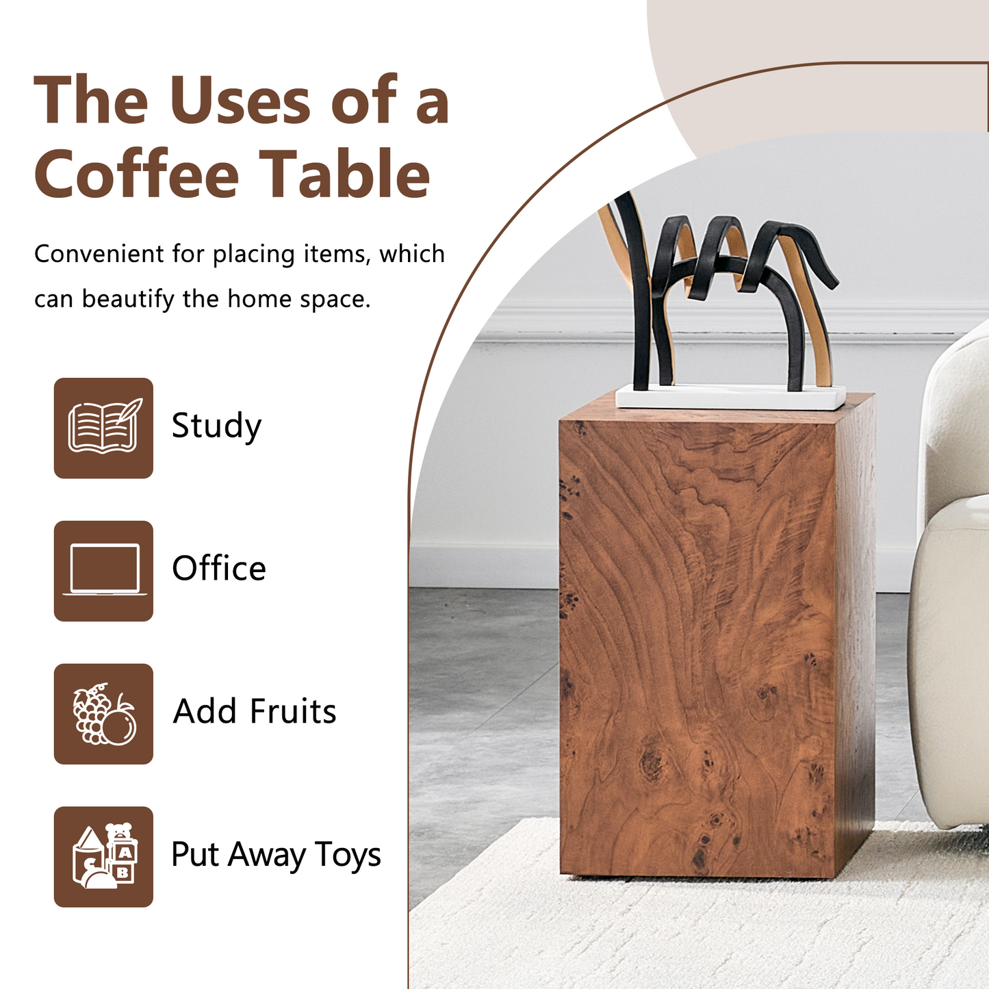 Premium Burl Walnut Veneer MDF Cube Table, Height Adjustable Multi-purpose Coffee Side End Table For Living Room, 11.8 X11.8 X19.7 , No Extra Items Included