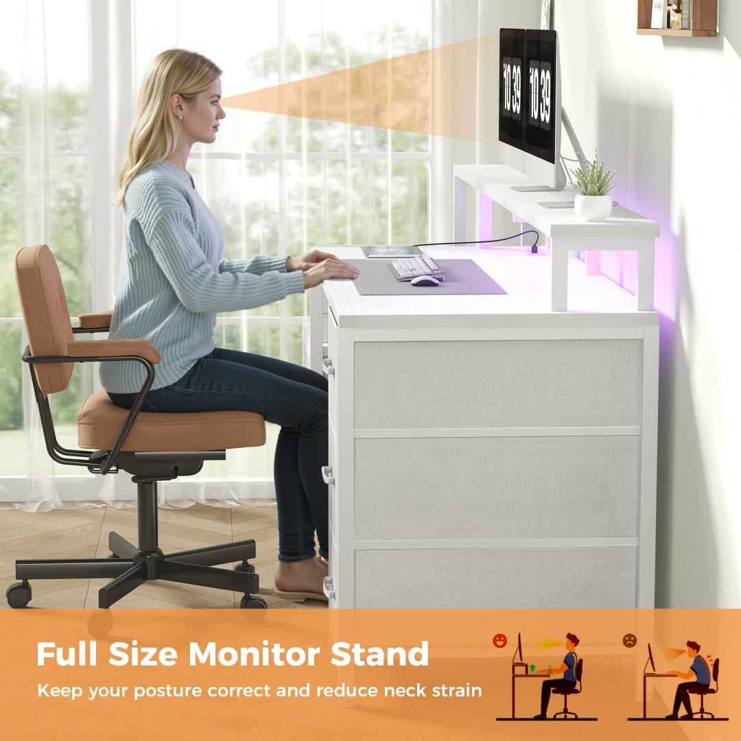 67-inch Computer Desk, Equipped With 5 Drawers And A Monitor Stand. The Gaming Table Comes With LED Lights And Power Sockets. The Printer Cabinet.