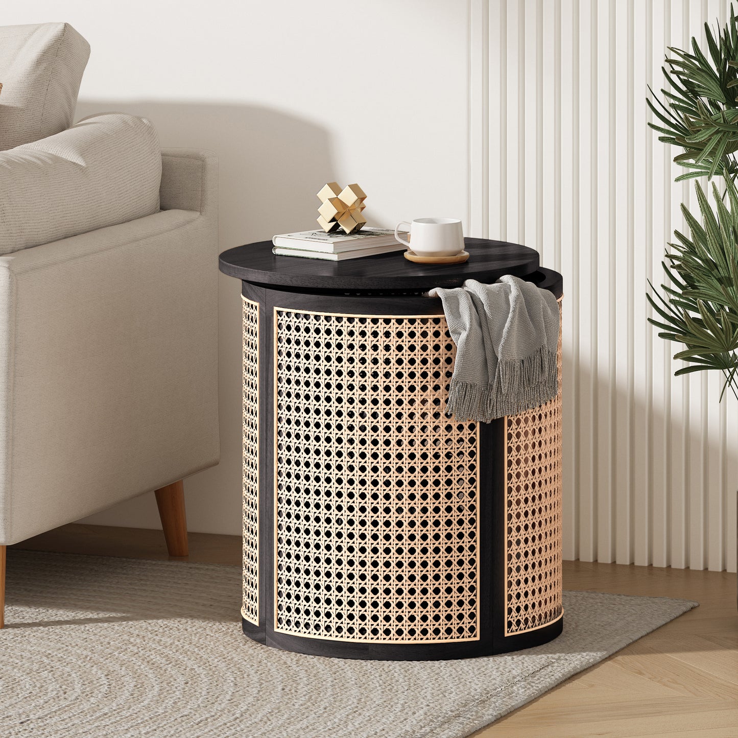15.70  Round End Table, Hollow Woven Side Table, Small Rubber Wood Nightstand, Rattan Woven Tea Desk, Round Wood Tabletop, Chic Home Decor Desk, Easy Assembly, Black Color