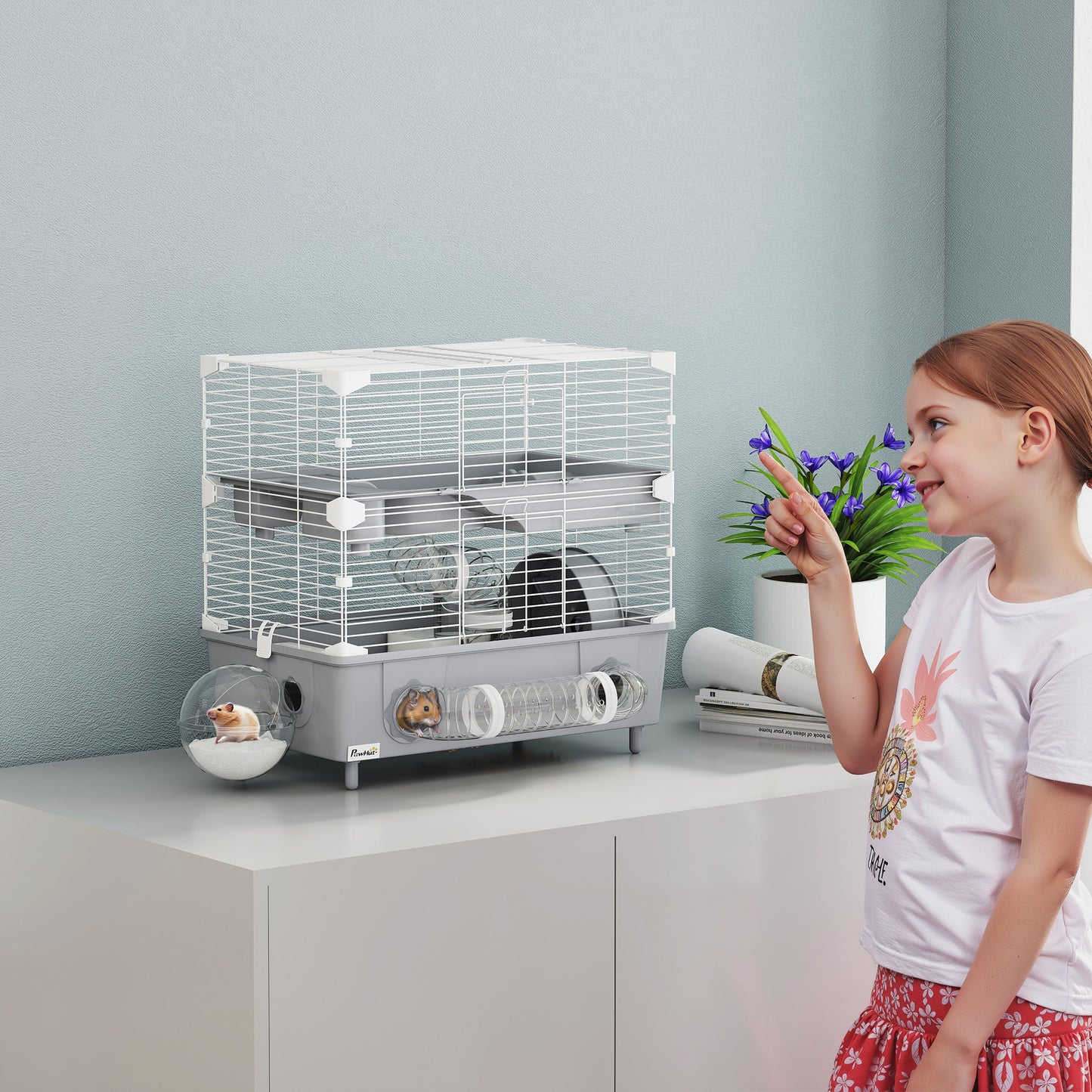 2-Tier Hamster Cage with Sand Bathroom, Running Wheel, Water Bottle, Tubes, Accessories, for Dwarf Hamster, Gray