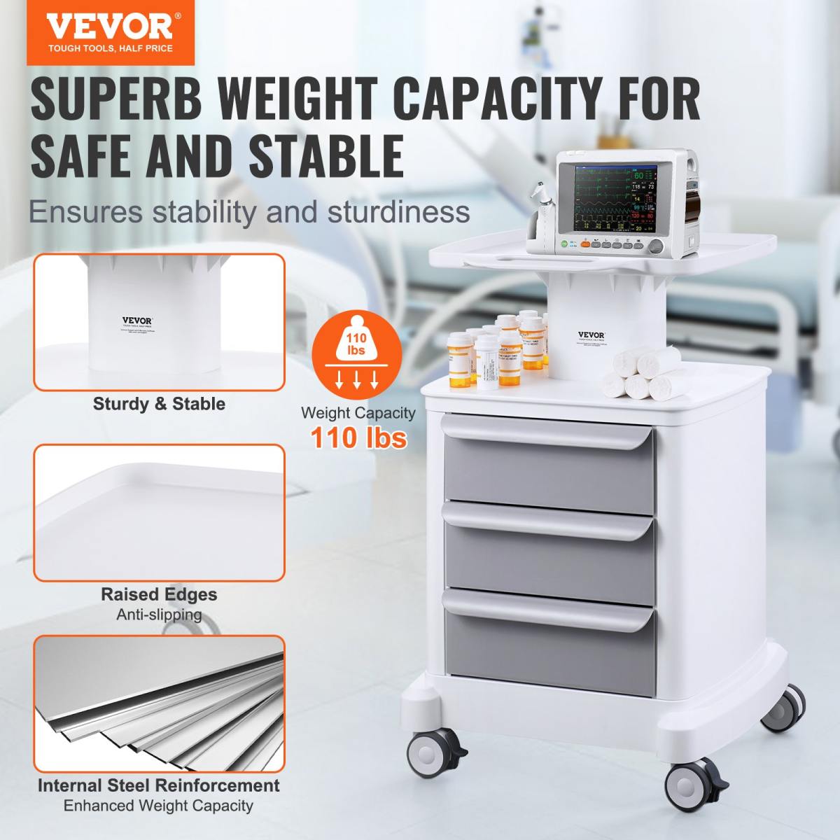 4 Tiers Lab Carts Mobile Medical Cart With 3 Drawers & 1 Top Tray White, Trolley Storage Cart With ABS Material, Lab Rolling Cart With 4 Silent Wheels For Lab, Clinic, Hospital, Salon, Office
