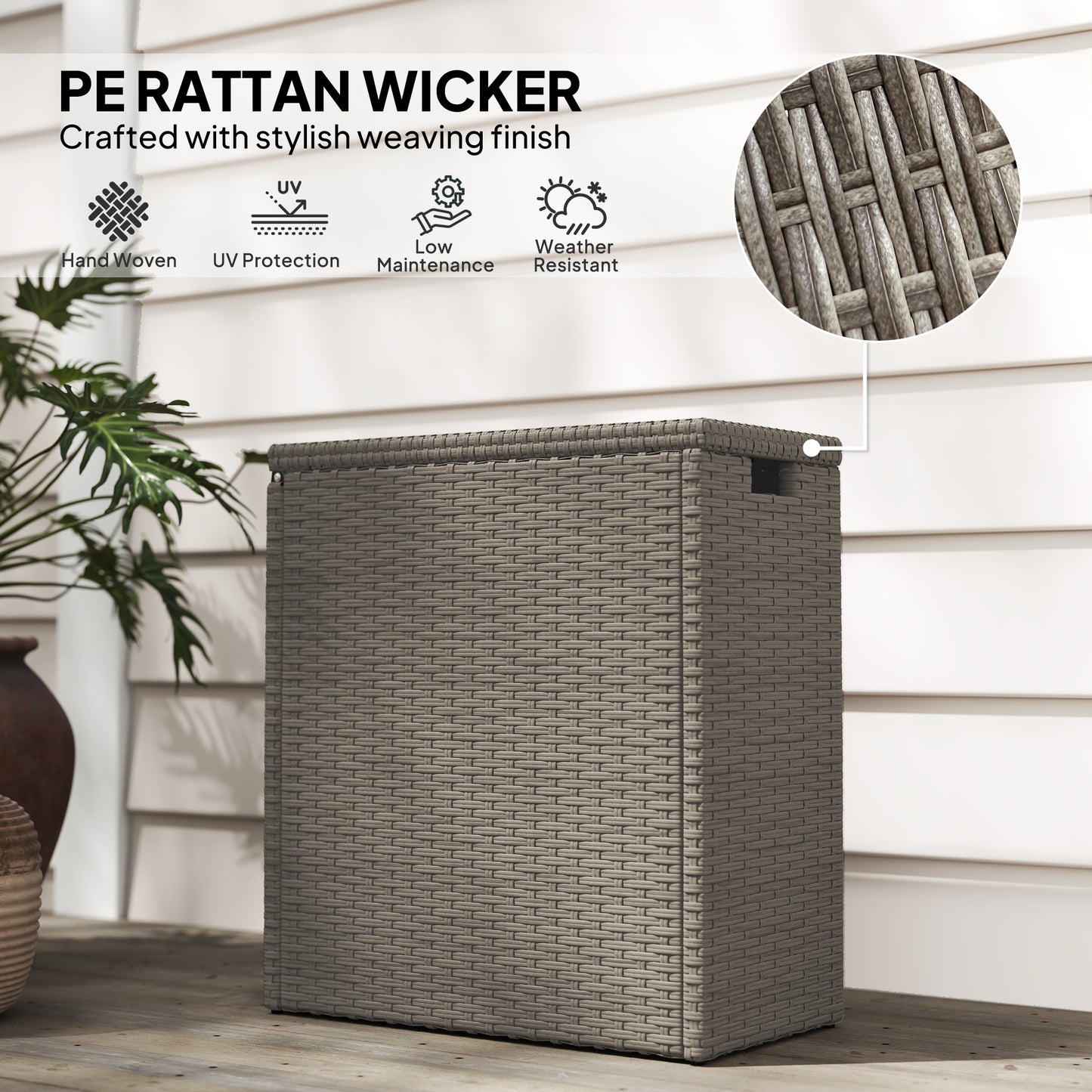 17-Gallon Small Deck Box, Wicker Outdoor Storage Box with Acacia Wood Top for Patio Cushions and Garden Tools, Teak