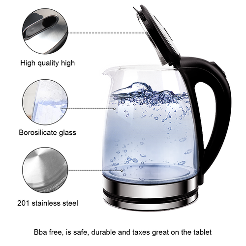 Stainless Steel Glass Electric Kettle 360  Rotation LED Light Kitchen Water Jug