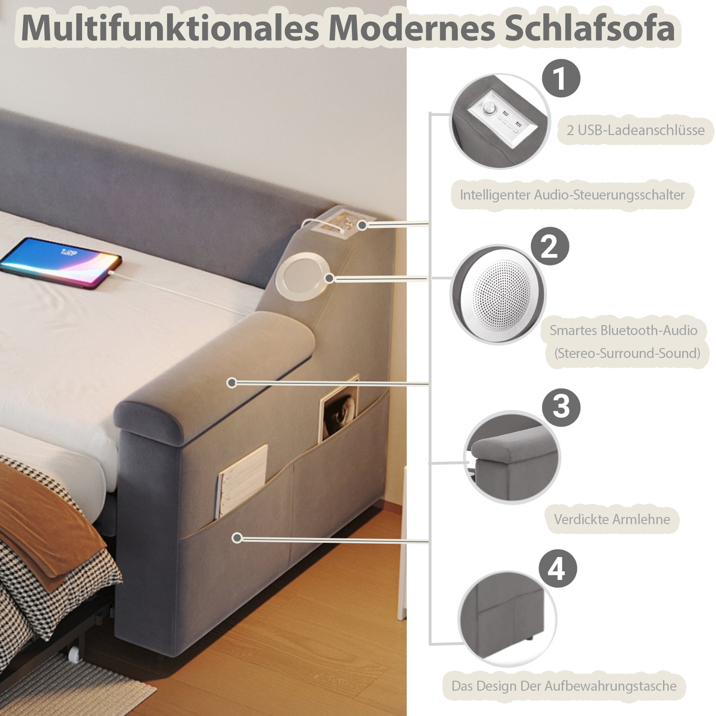 Upholstered Bed Sofa Bed, 90 180x190 Cm, Armrests Wider And Thicker, With Smart Bluetooth Stereo System With USB Charging Port, With Storage Compartments, With Slatted Base, Velvet Fabric, Grey