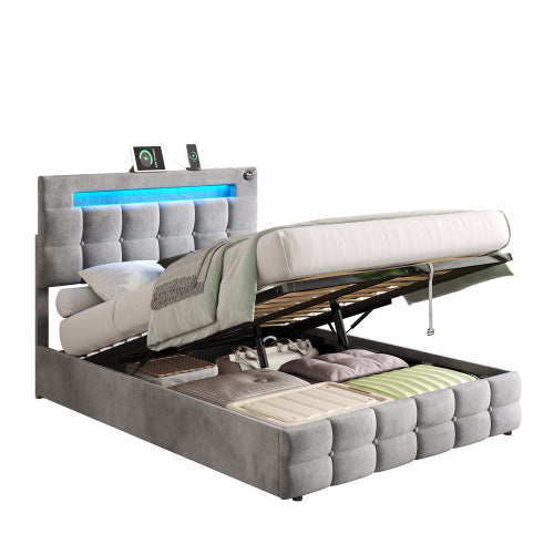 4ft6 Double Upholstered Bed Frame With Hydraulic Storage, Velvet Ottoman Bed With LED Lighting And Charging Station, Double Bed With Adjustable Button Tufted Headboard, Beige