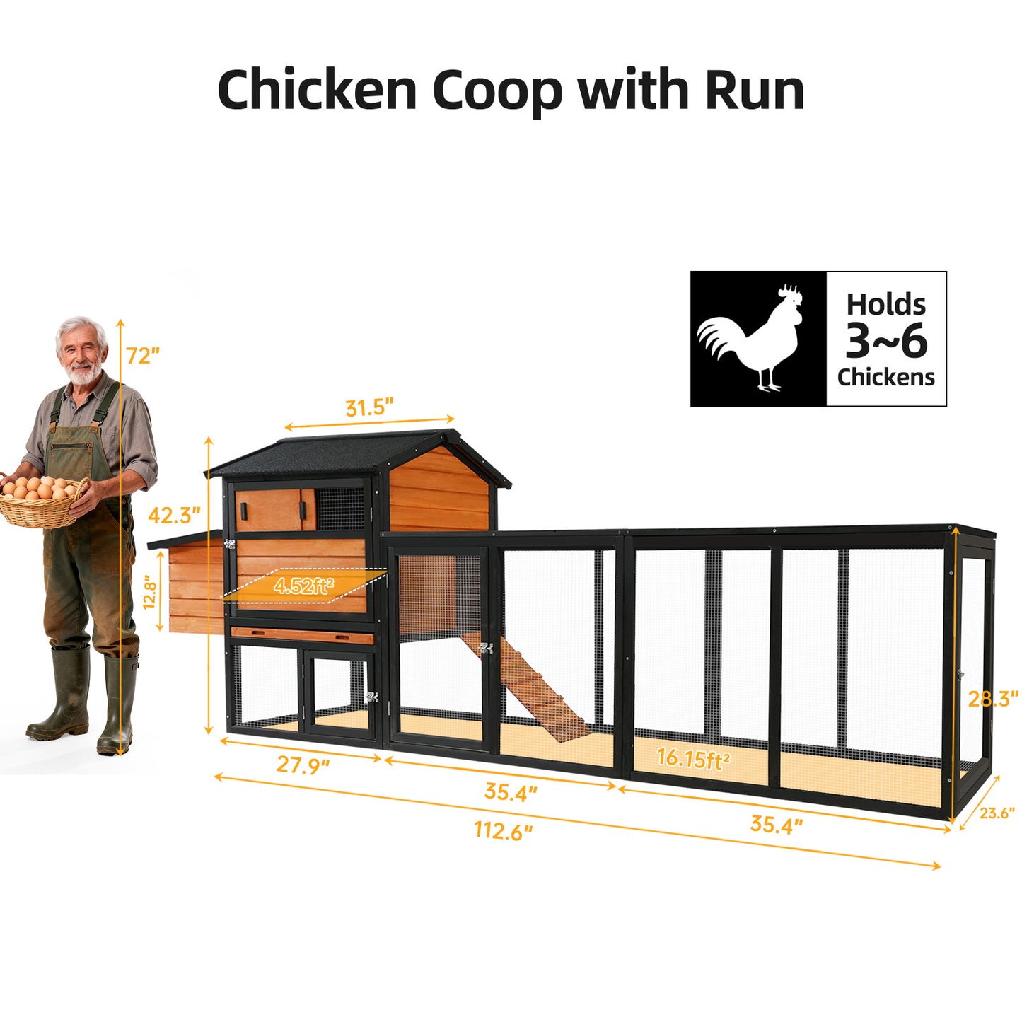 Prohibited Platform-Temu,brown  Black Wooden Chicken Coop, Large Outdoor Hen House With Run And Nesting Box Poultry Cage, Rabbit Hutch, Waterproof Anti-UV Panel For Backyard
