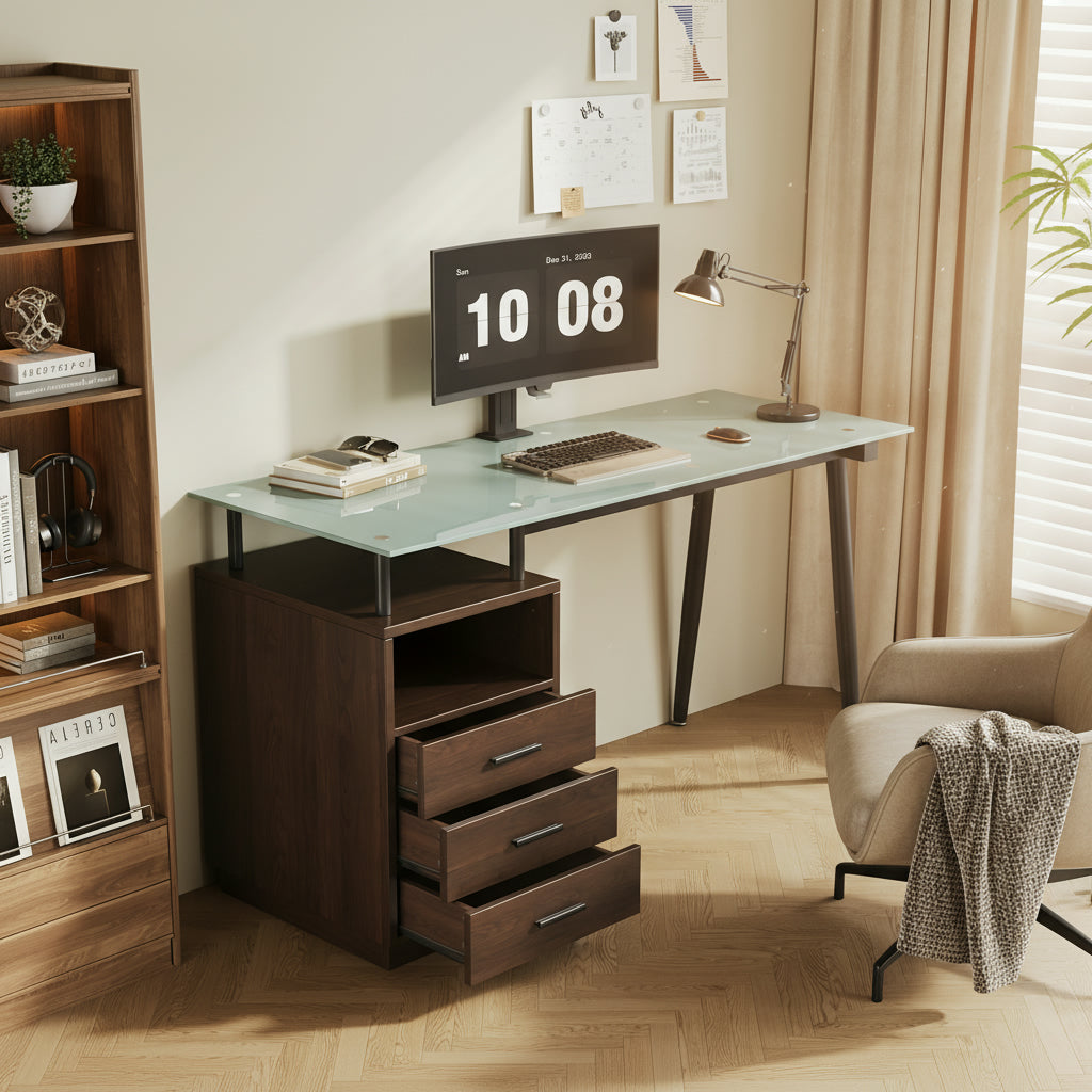 130x50x75cm Modern Desk With Glass Top, Tubular Steel Frame, Three Drawers And Open Storage Compartment, Tempered Frosted Glass, Black Handles, Brown