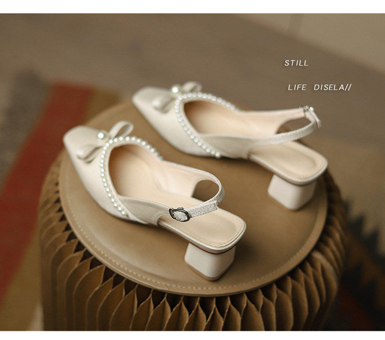 Women Block Heel Closed Toe Sandals, 2026 Summer New Fashion Square Toe Back Strap Pearl Fairy Style High Heel Pumps