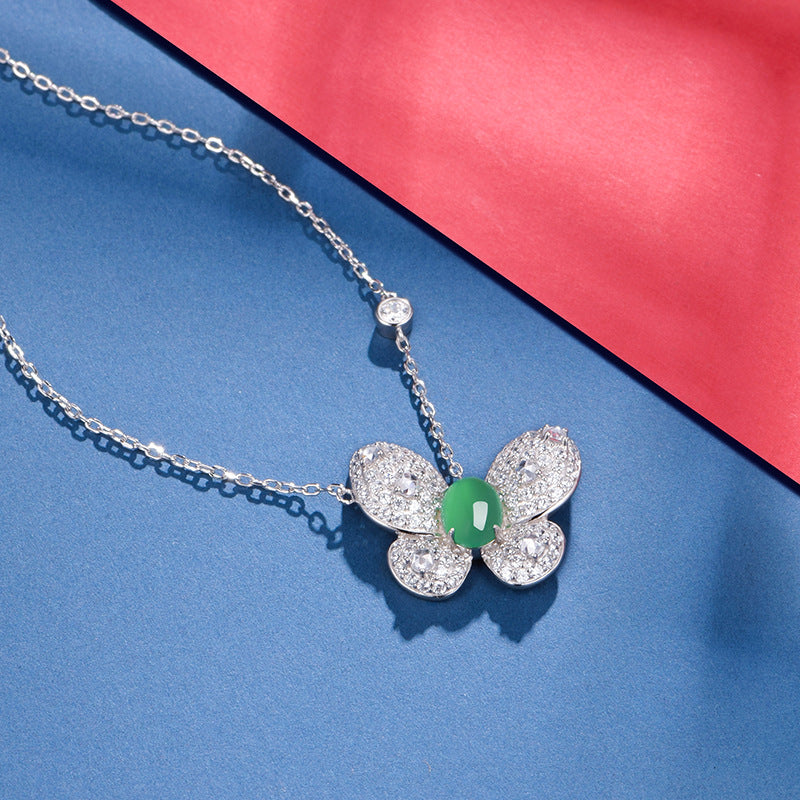 S925 Sterling Silver Butterfly Necklace, 8x6mm Oval Green Chrysoprase Pendant, Platinum Plated 45cm Chain, 5.0g Elegant Women's Jewelry With Gift Box