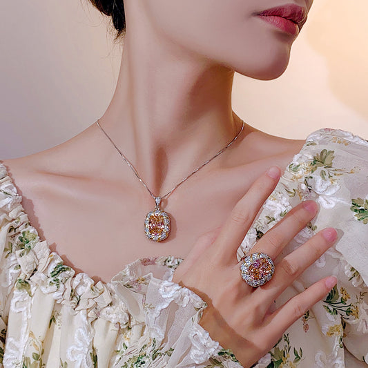 Women Champagne Tone Cubic Zirconia Jewelry Set, 2Pcs Cushion Cut Halo Inlaid Pendant Necklace Adjustable Open Ring, European American Premium Elegant Banquet Accessories