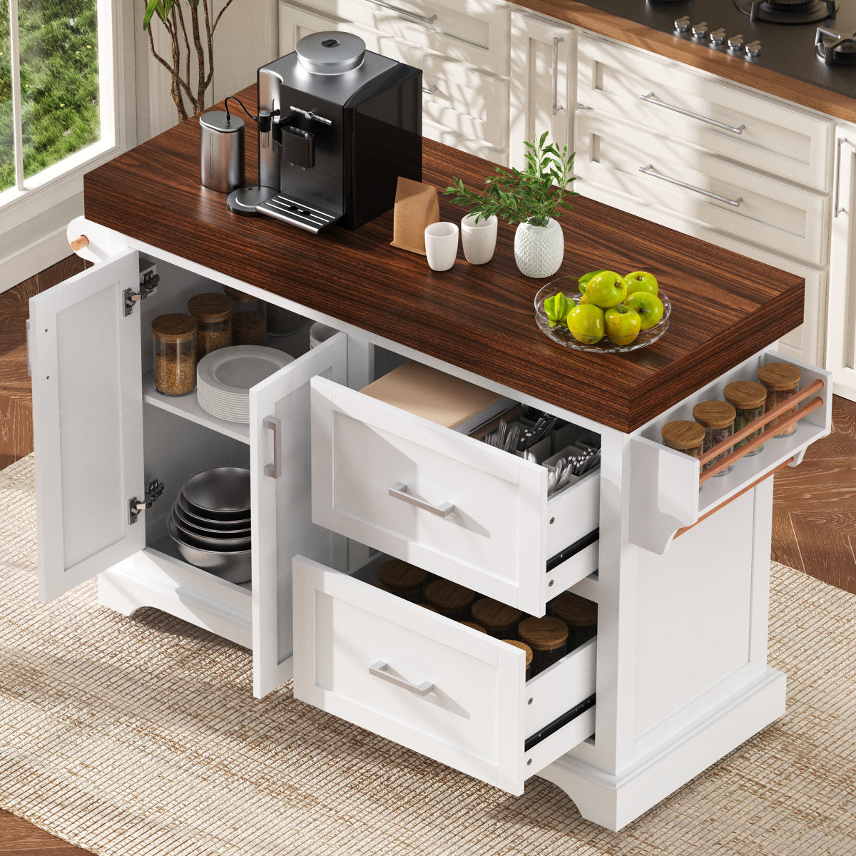 K&K 53  Large Kitchen Island With 3.5  Thick Desktop, Spice And Towel Racks, Rolling Kitchen Island With Storage On 5 Wheels, 2 Extra Large Drawers, For Home, Kitchen, Dining Room, White