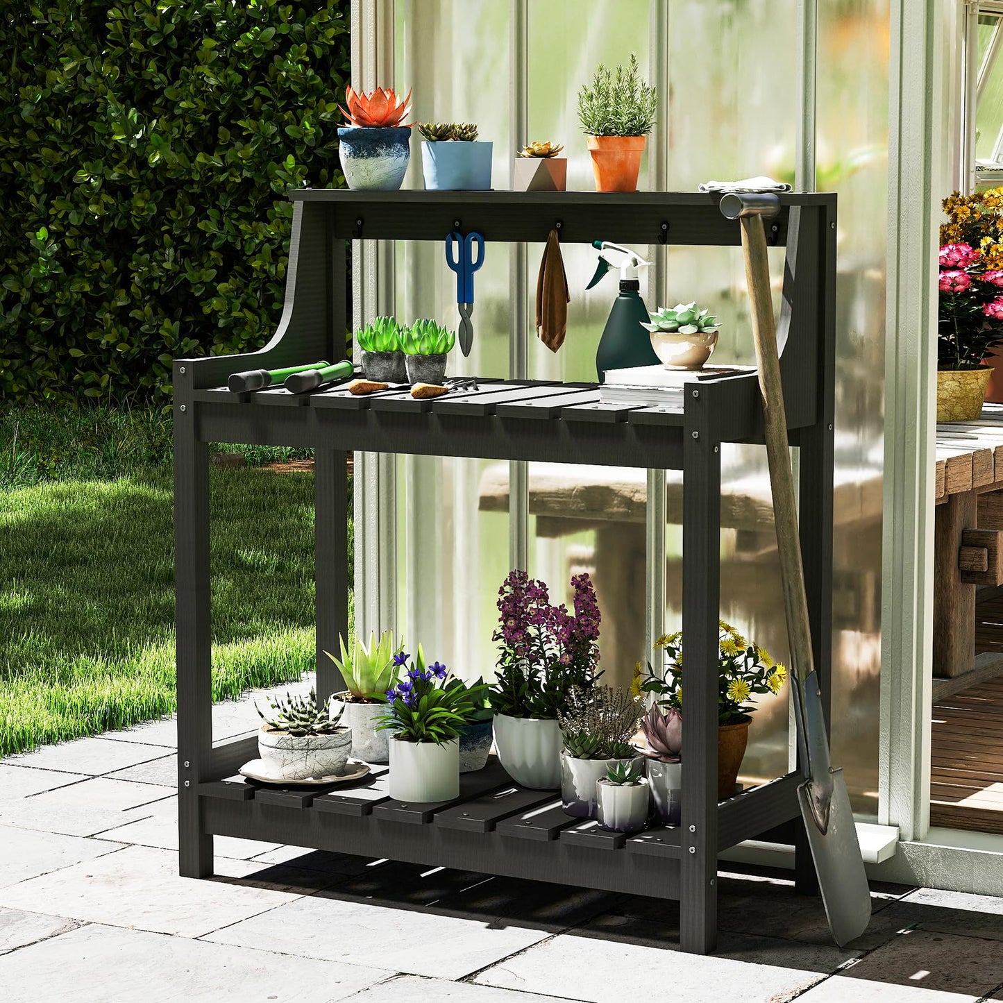 Potting Benches For Outside, HDPE Garden Potting Table All Weather, Outdoor Potting Table With Storage For Patio, Backyard, Garden, Grey