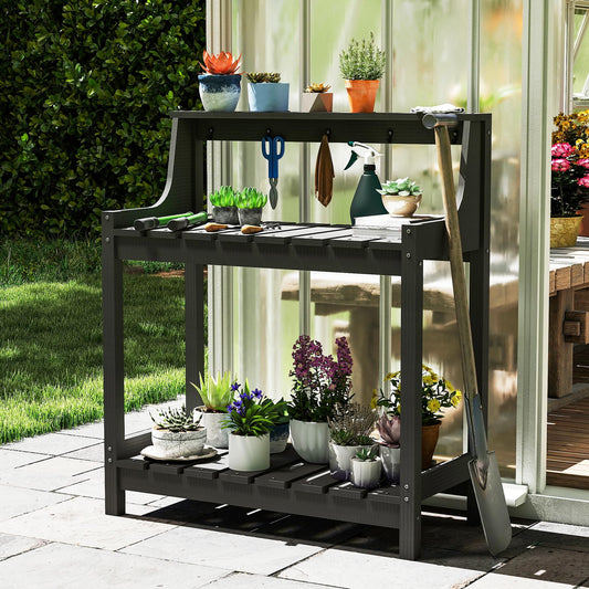 Potting Benches For Outside, HDPE Garden Potting Table All Weather, Outdoor Potting Table With Storage For Patio, Backyard, Garden, Grey