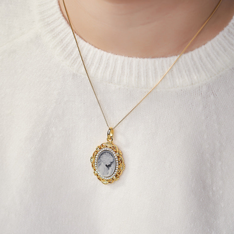 Thai-Style Ancient Cameo Relief Beauty Pendant Clavicle Necklace