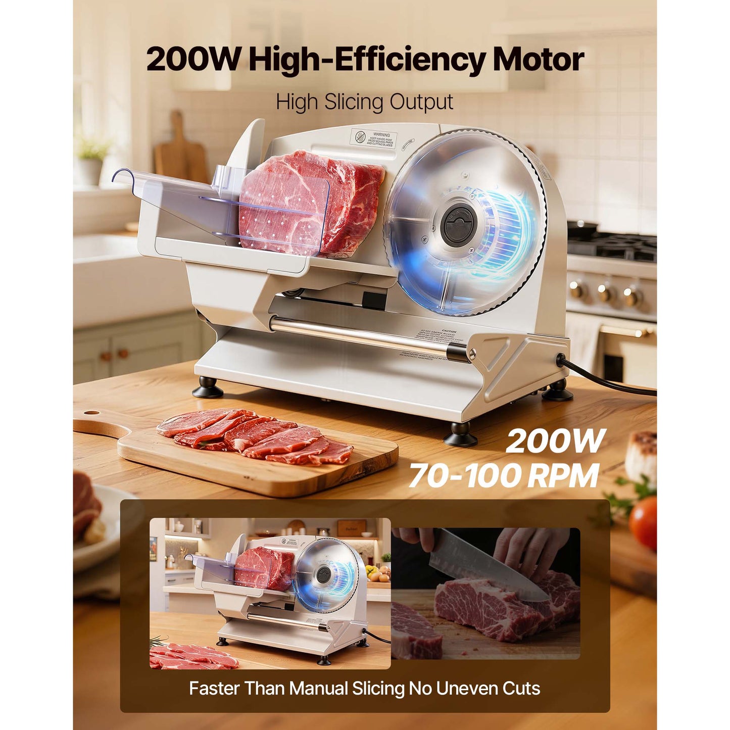 Meat Slicer, 7.5 Electric Deli Slicer With 2 SUS420 Blades & 0-0.6 Adjustable Thickness, 200W Home Food-Slicer For F Rozen Meat, Ham, Baguett, Steak, UL Approved