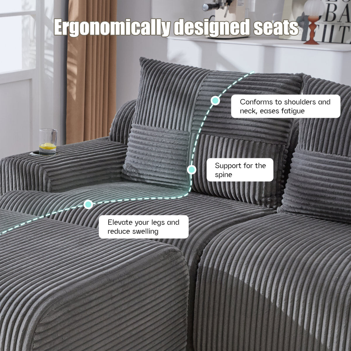 Modular 2-Seater Corduroy Sofa With Ottomans, Freely Configurable Sofa Set With Cup Holders And Side Storage Pockets, Ideal For Living Rooms, Family Rooms, And Other Spaces, Dark Gray