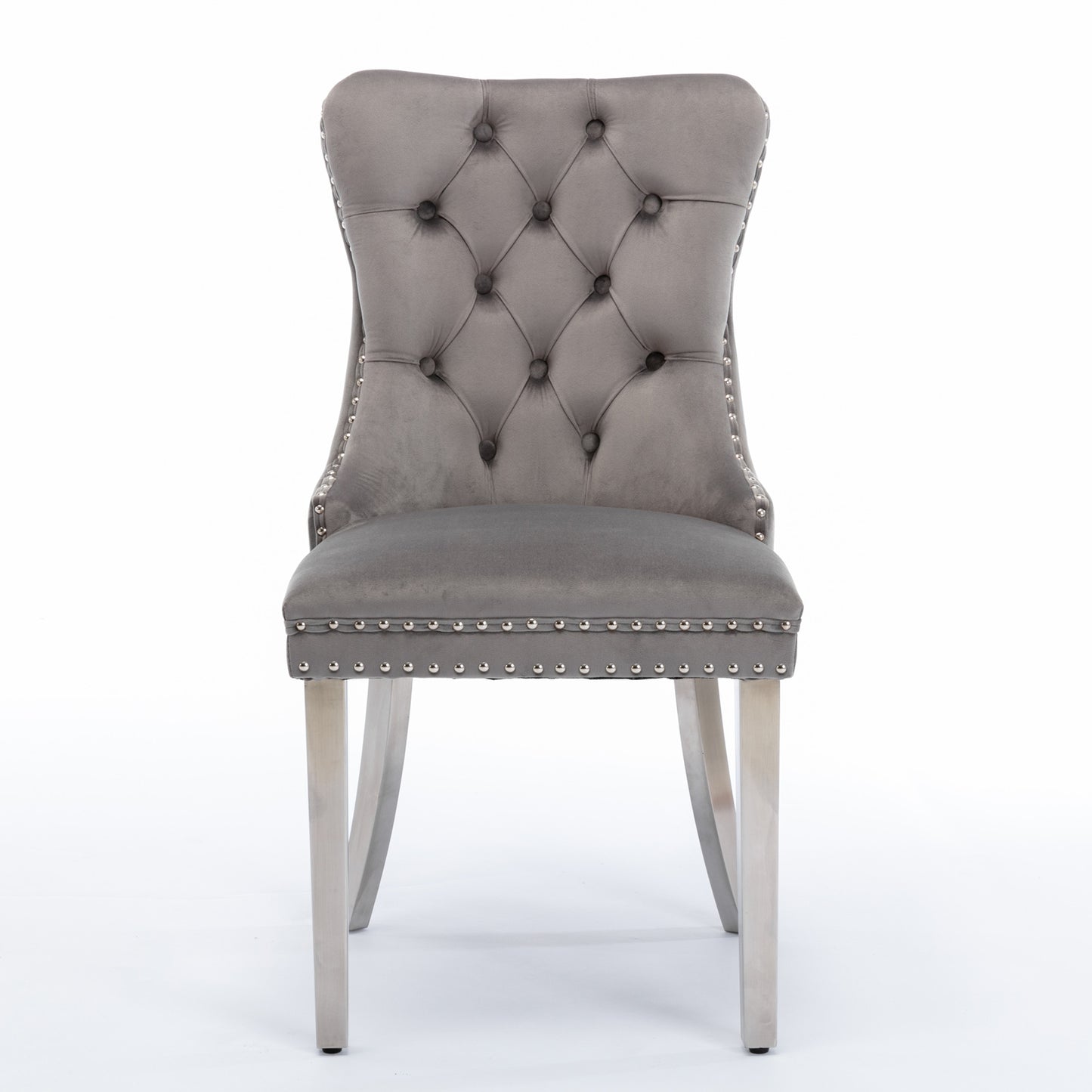 A&A Furniture,Nikki Collection Modern, High-end Tufted Solid Wood Contemporary Velvet Upholstered Dining Chair With Chrome Stainless Steel Plating Legs,Nailhead Trim,Set Of 2,Gray And Chrome,DE1701GY