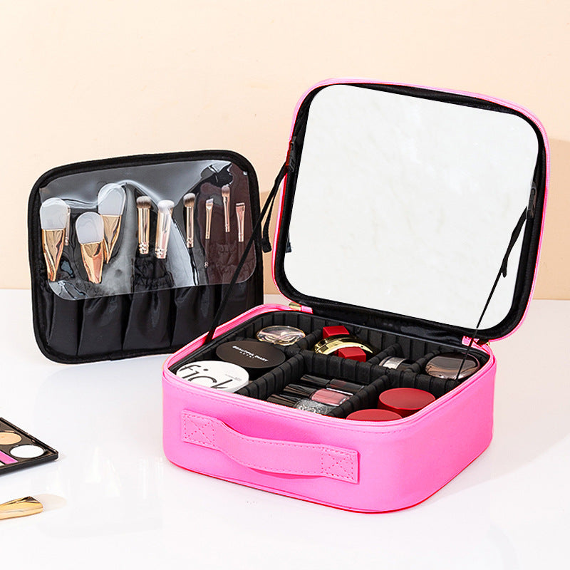 Makeup Bag With Mirror And Light Rechargeable PU Leather Travel Storage Box
