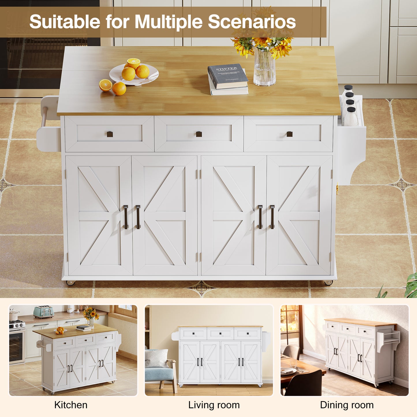 Kitchen Island With Foldable Countertop,  5 Lockable Wheels, 4 Doors, 3 Drawers, Door Shelf, Storage Racks, Towel Holder, Barn Style Design, White, 140x43 70 X90.5 Cm