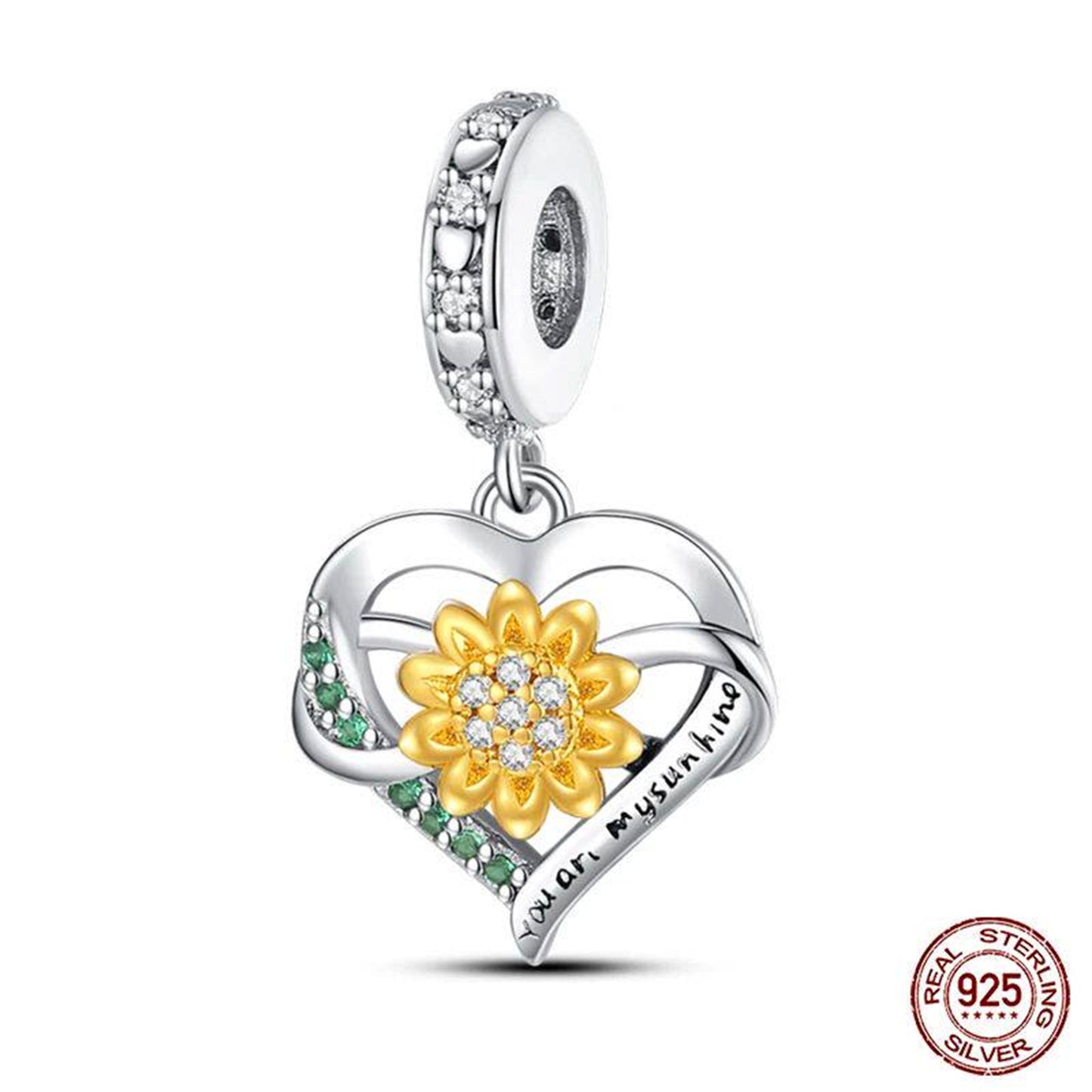 New 925 Sterling Silver Fashion Golden Sunflowers Heart