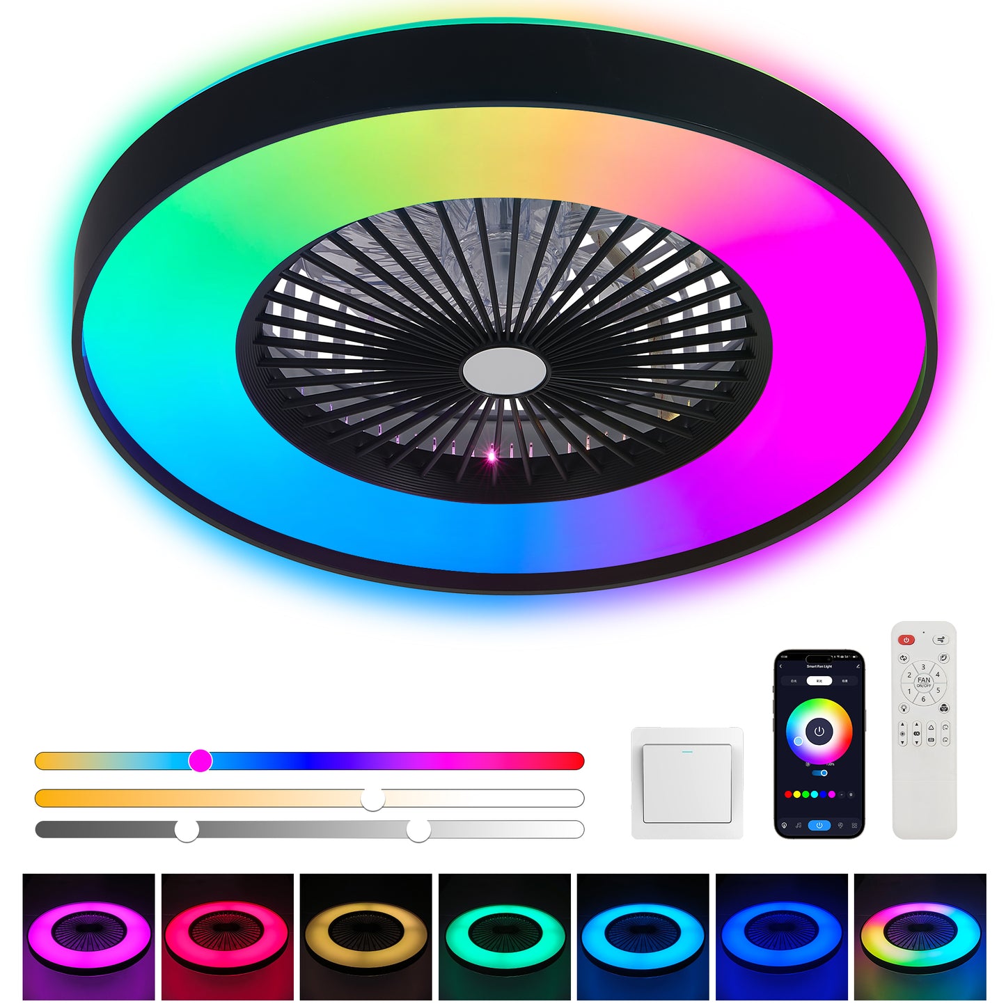 23-inch Black Ceiling Fan Light With LED RGB   Dimmable & Color-Changing, APP & Remote Control, Modern Smart Ceiling Fan For Living Room, Bedroom, And Dining Room  Silent 6-Speed Reversible DC Motor