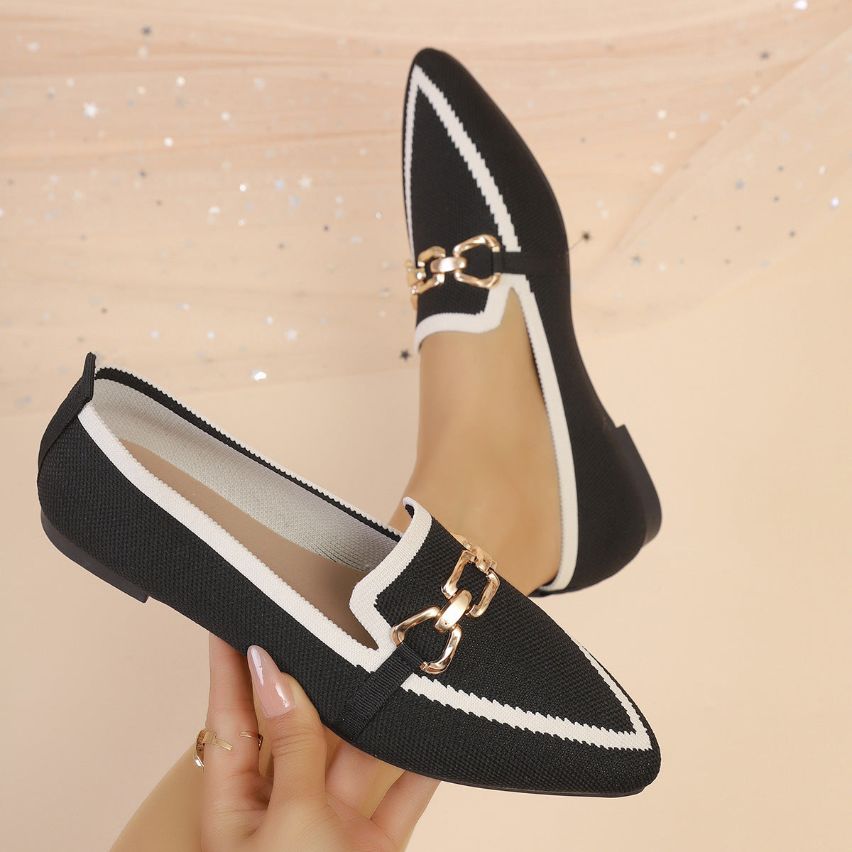 Foreign Trade Flat-soled Chain-buckle Pumps Pointed-toe Soft-soled Loafers For Outdoor Wear