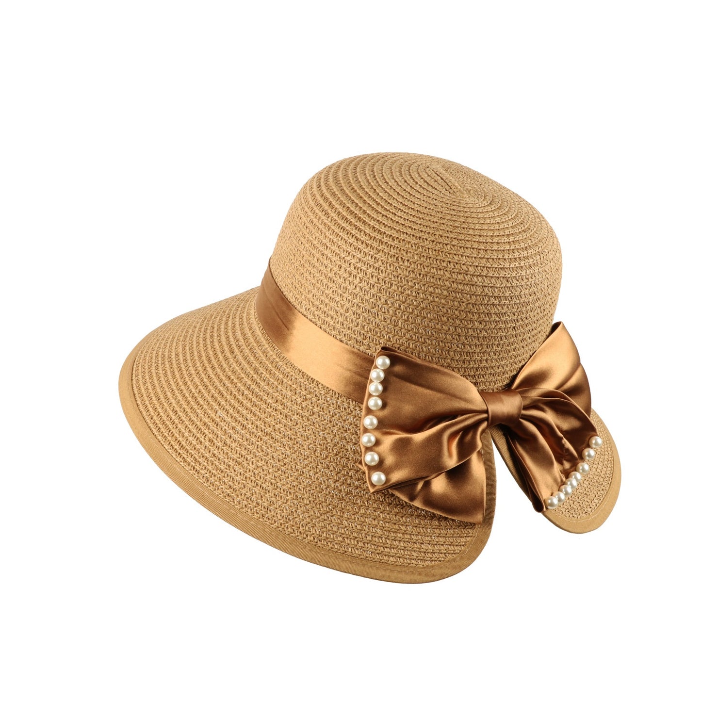 Split-front Straw Hat With Pearl Trim Korean Style Sun-protective